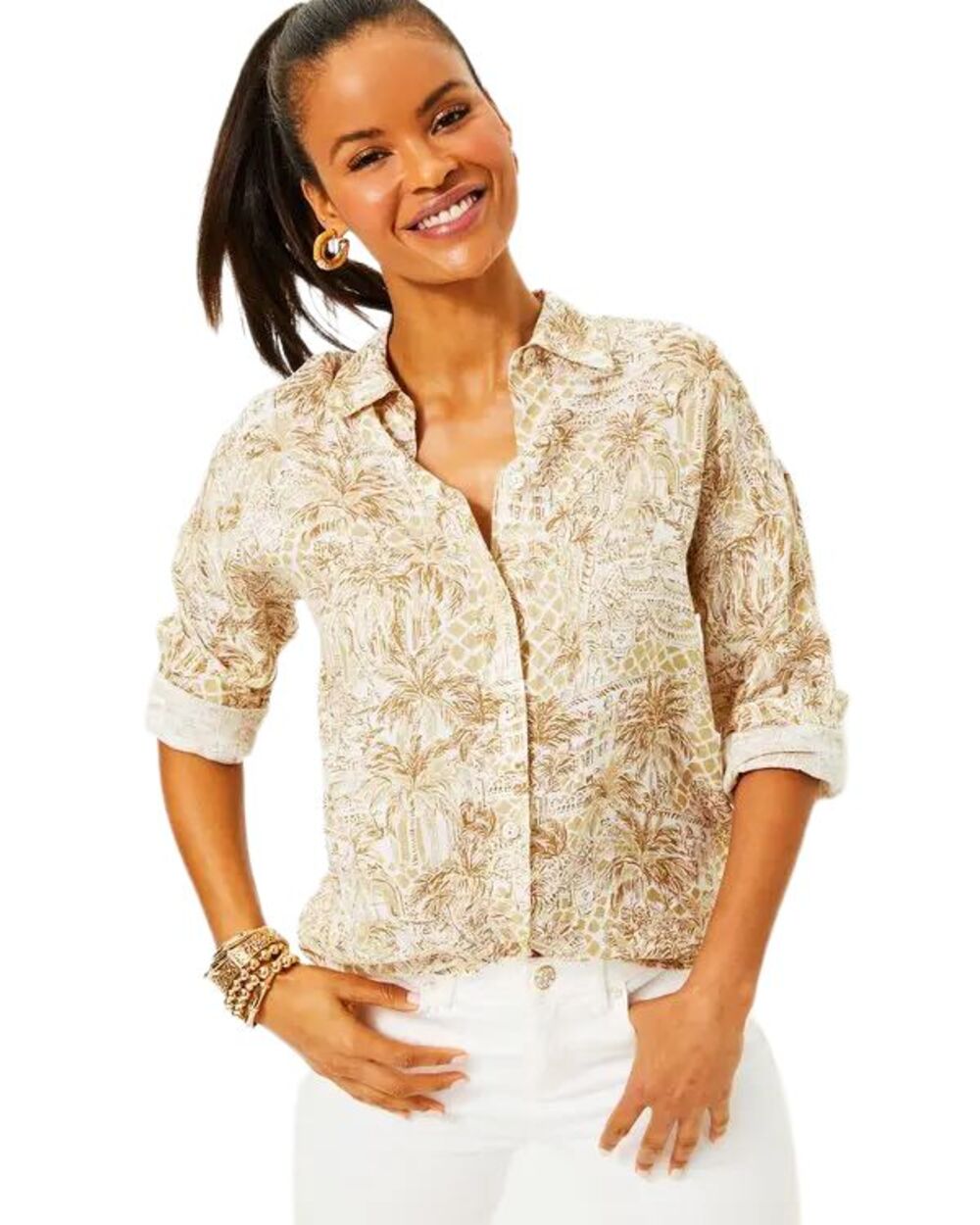 Lilly Pulitzer Stevey Linen NWT Button Down Shirt M Sand Bar Palm Beach Paradise